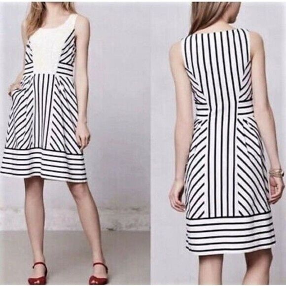 Anthropologie Maeve Chessia Striped Lace Sleeveless Dress Size 0 Black & Ivory - Picture 1 of 10